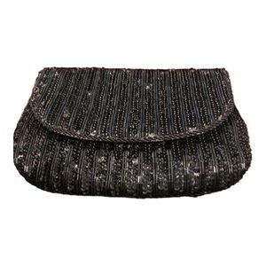 NWOT Sequence black purple satin clutch